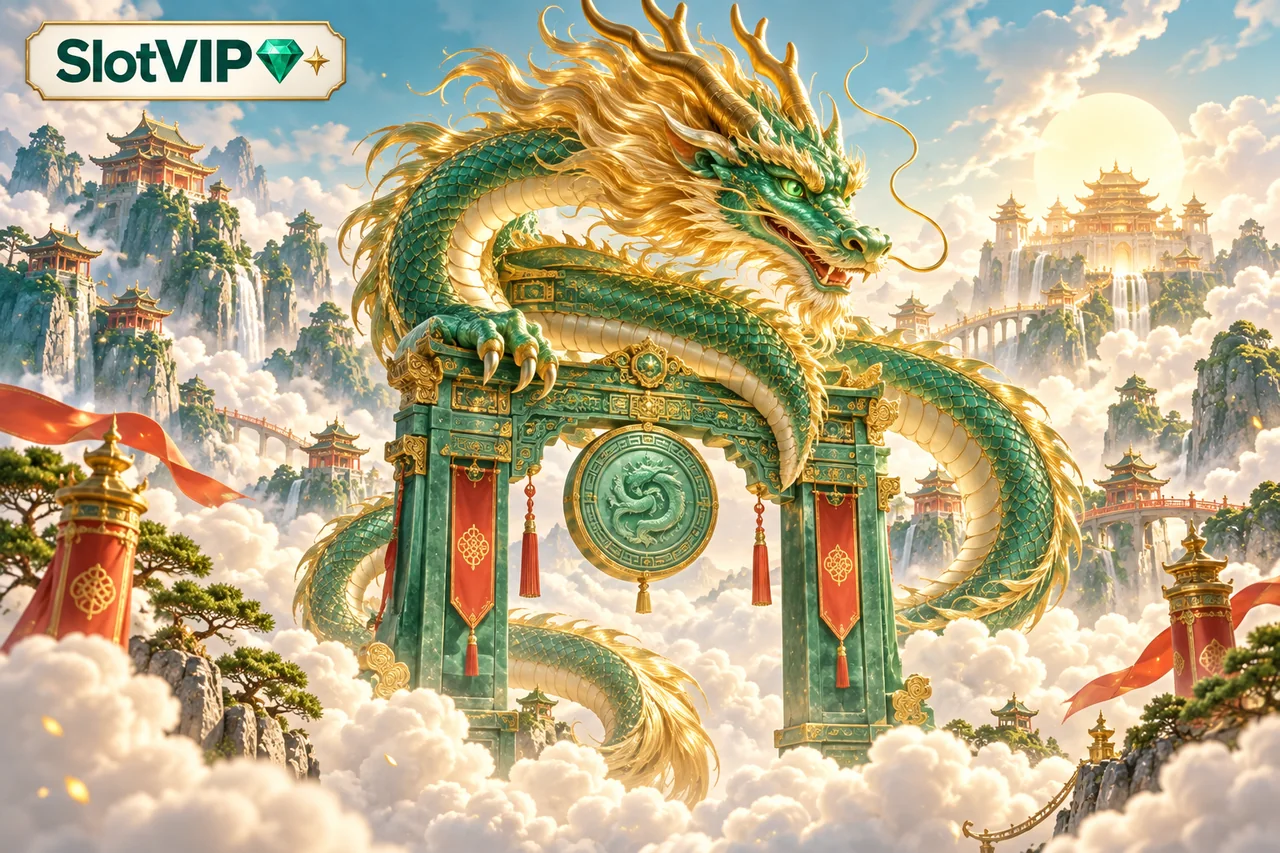 SlotVIP emerald at gold fantasy dragon sa itaas ng isang sunlit jade gateway