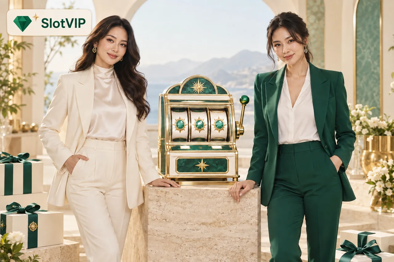 Ilustrasyon ng tatak ng SlotVIP na may dalawang kathang-isip na adult presenters sa tabi ng dekoratibong slot reels