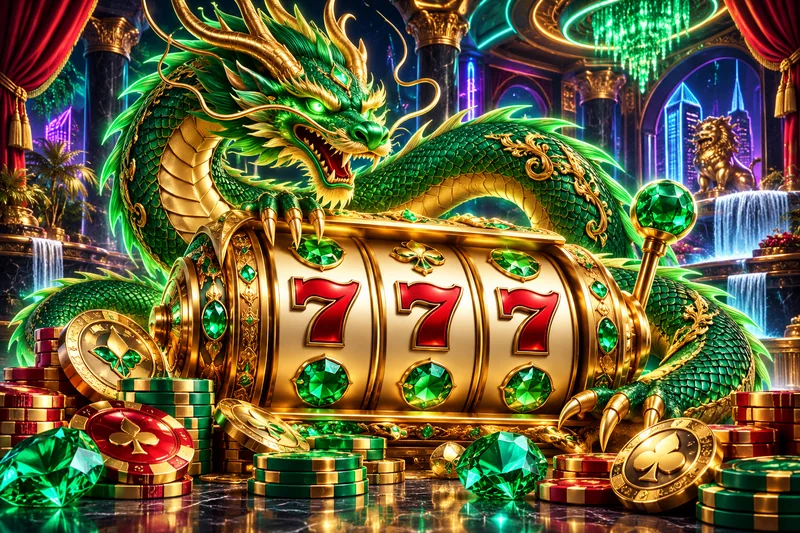 Emerald and gold dragon above gold slot reels — original concept illustration