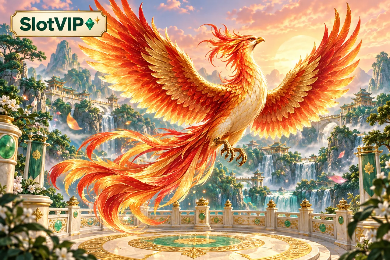 SlotVIP phoenix na may kulay kahel at gintong pakpak sa ibabaw ng maliwanag na hardin