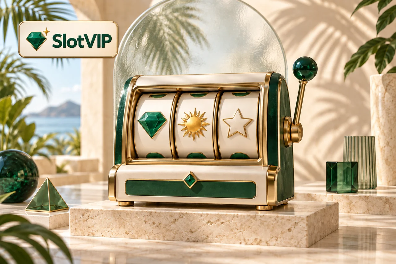 Ivory at emerald na slot machine sa maliwanag na tropikal na arkitekturang setting