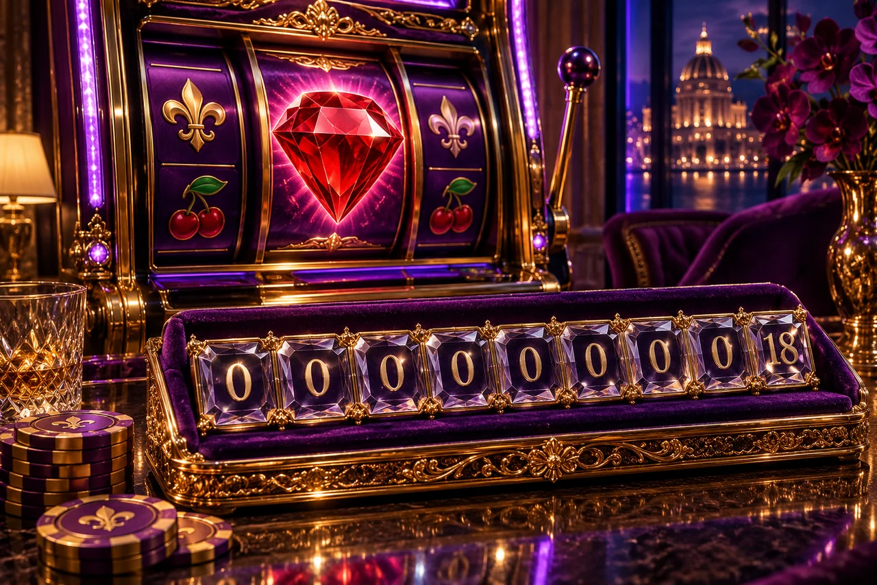 Nine separate crystal tiles beside a detailed violet slot machine show eight zero returns followed by eighteen.