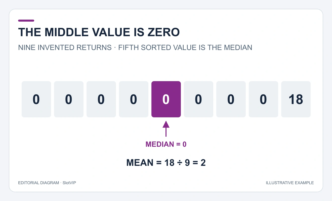 Nine ordered boxes contain eight zeros and eighteen; the fifth zero is highlighted as the median and the mean is labelled two.