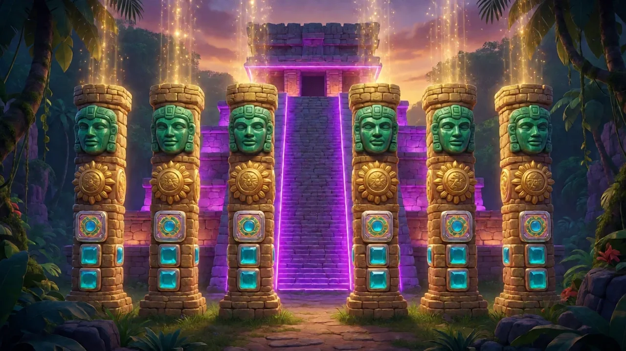 Six carved stone columns with green jade masks, golden sun discs and turquoise gem tiles stand in front of a stepped Mayan temple outlined in purple light, with golden light falling from above in a jungle at dusk