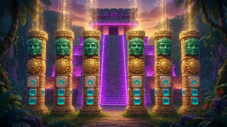 Six carved stone columns with green jade masks, golden sun discs and turquoise gem tiles in front of a stepped Mayan temple outlined in purple light