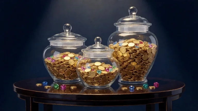 Three glass jars on a dark table holding small, medium and large heaps of gold coins and coloured gemstones under a spotlight