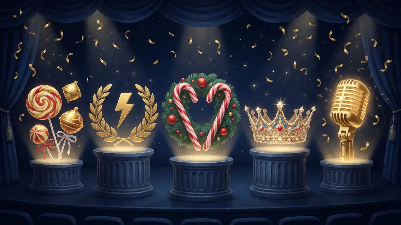 Five lit pedestals on a navy theatre stage holding a candy lollipop bunch, a gold laurel with a lightning bolt, a candy-cane wreath, a jewelled crown and a gold microphone under falling gold confetti