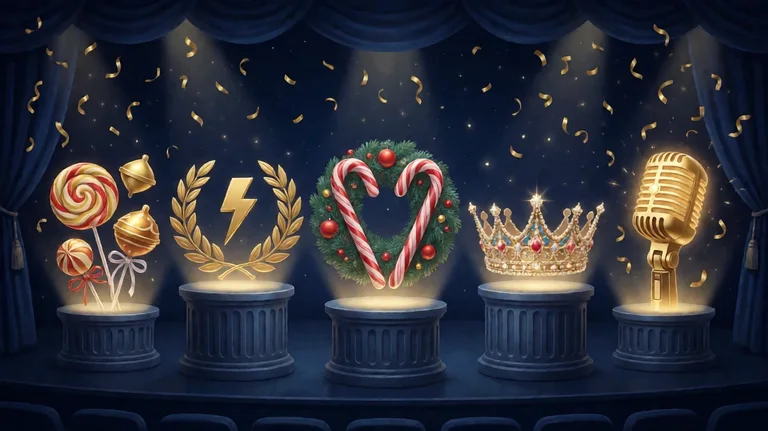 Five lit pedestals on a navy theatre stage holding a candy lollipop bunch, a gold laurel with a lightning bolt, a candy-cane wreath, a jewelled crown and a gold microphone under falling gold confetti